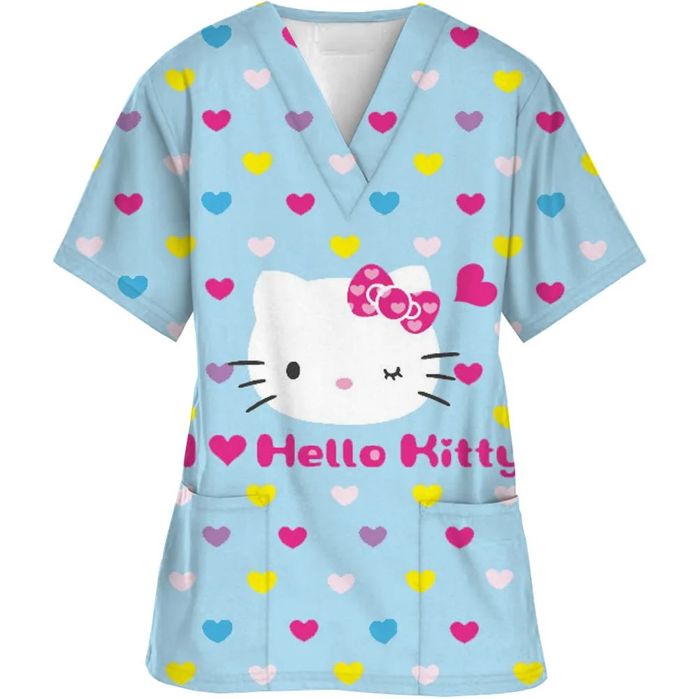 Hello Kitty Print Summer Nurse Uniform Scrubs Tops Womens Cartoon Short Sleeve Pocket Overalls Uniforms Medical Nursing Blouse