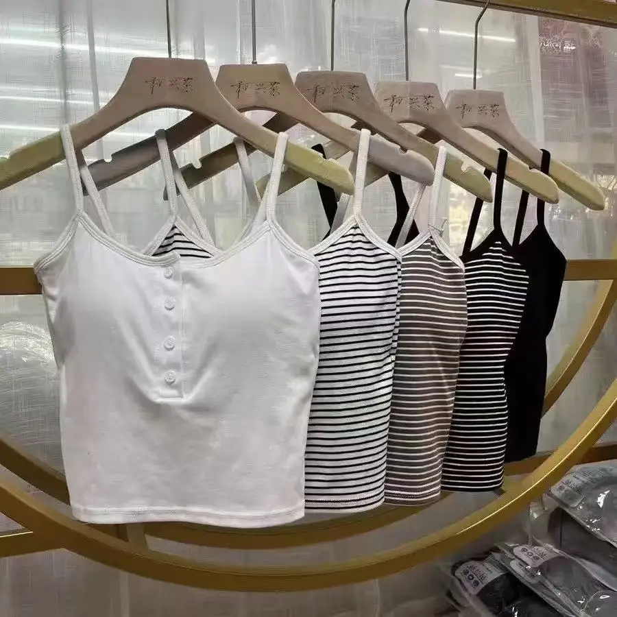Integrated Stripe Women's Vest Inner Wear Outer Wear Button Fixed Cup No Bra Sports Top Short Style Cotton 100% Short Vest