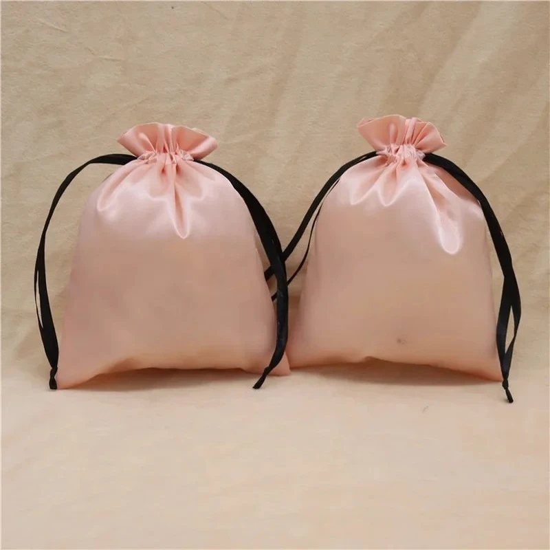20PCS Baby Pink Silk Satin Pouch Hair Extensions/Wigs/Goods/Makeup Packaging Drawstring Bag Custom Print Logo Gift Bag