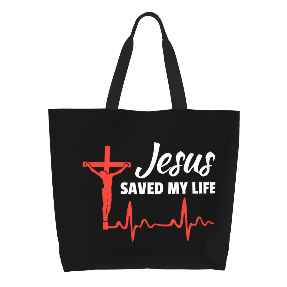 Custom Jesus Saved My Life Canvas Shopping Bag Women Washable Big Capacity Grocery Christ Christianity Tote Shopper Bags