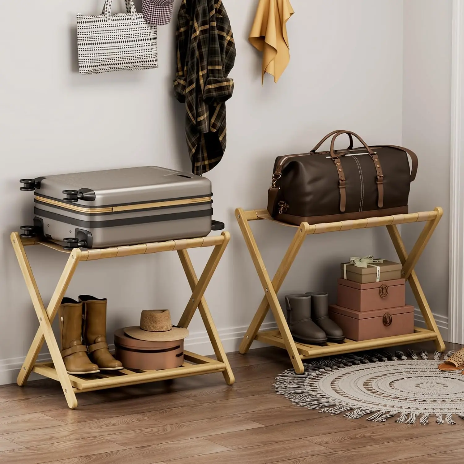 完全組み立て済み荷物置きラック2個セット、竹製折りたたみ式荷物置きスタンド（ゲストルーム用、寝室・ホテル用収納棚付き）