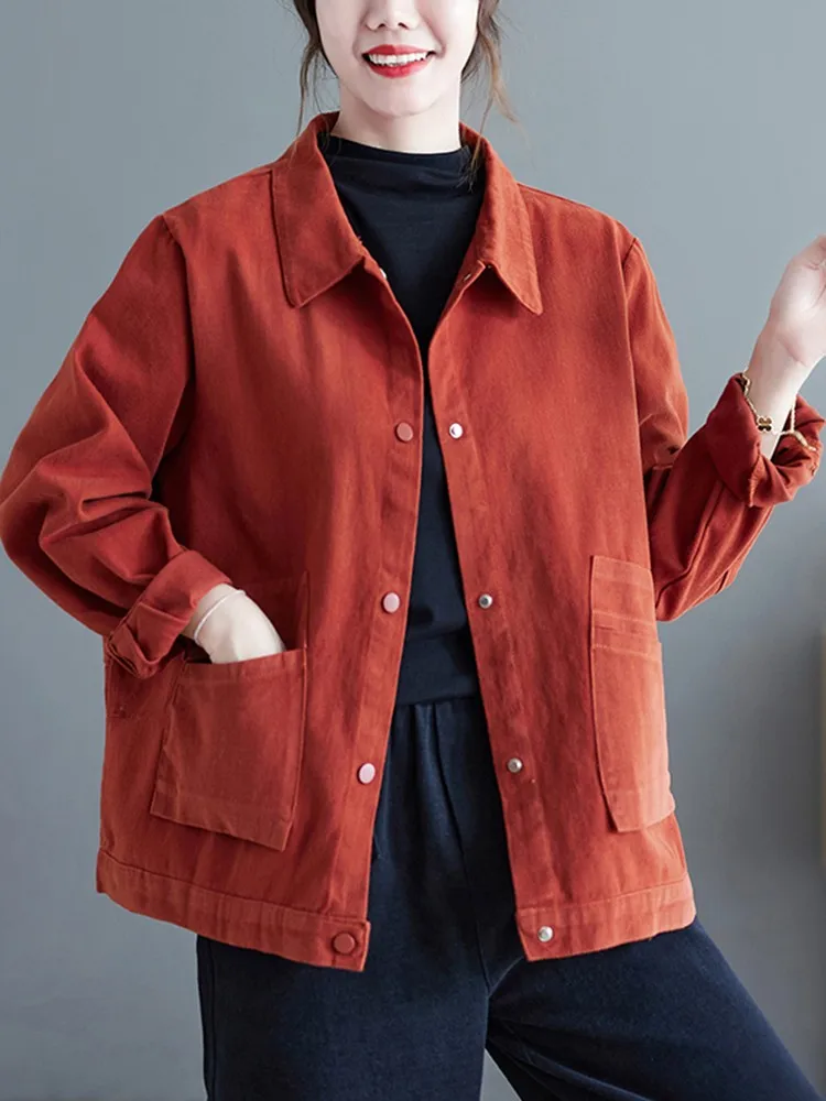 Women Casual Short Jackets New Arrival 2022 Autumn Vintage Style Solid Color All-match Loose Female Cotton Outerwear Coats B2115