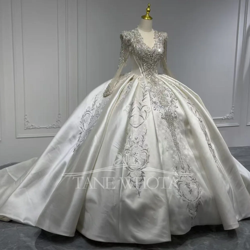 V-Neck Long Sleeve Wedding Dress With Lace-Up Keyhole Back Beaded Sequined Crystal Detail Customizable Gown