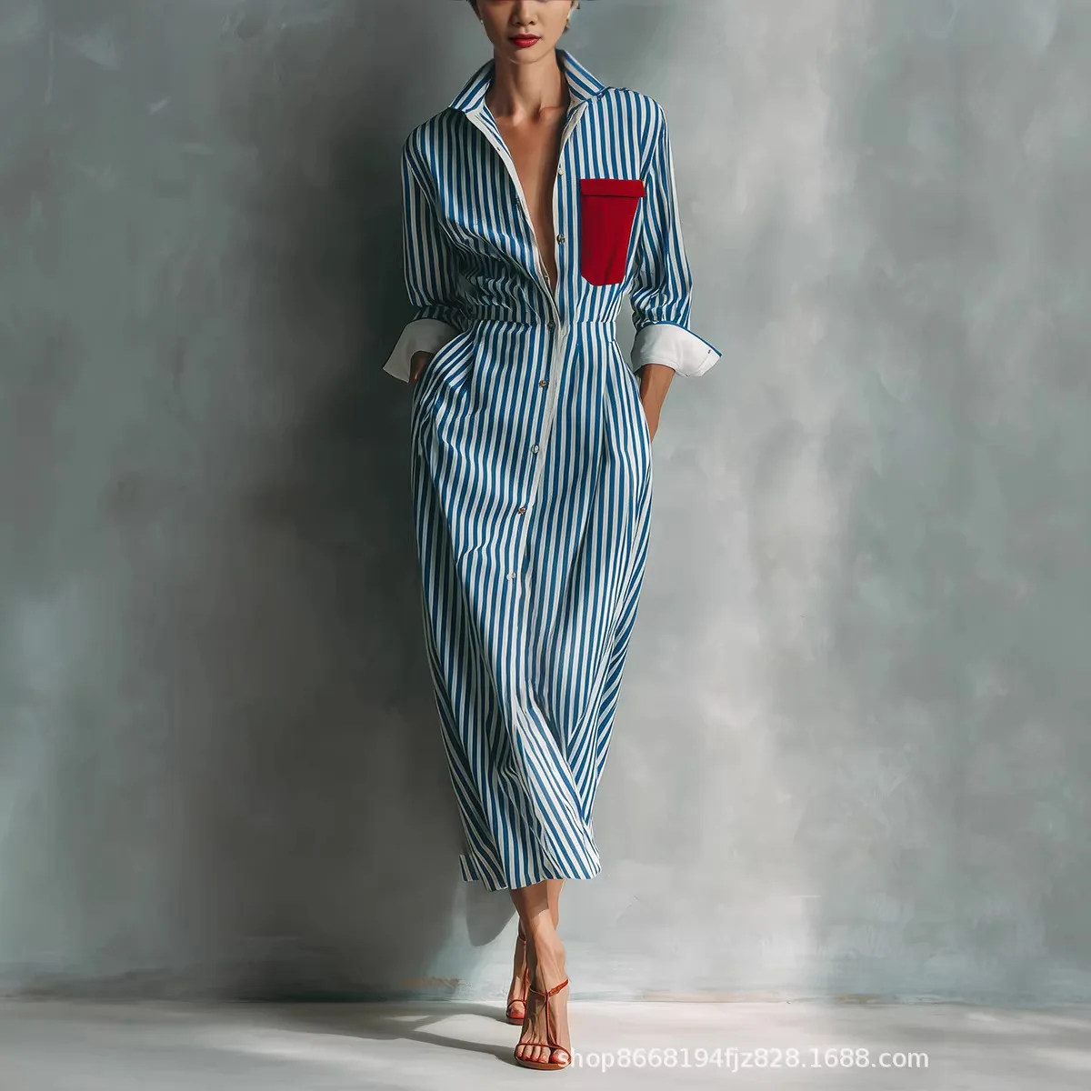2026 Autumn Striped Print Shirt Dress For Women Casual Turn Down Collar Color Blocking Pocket Long Dresses Trendy Graceful Robe
