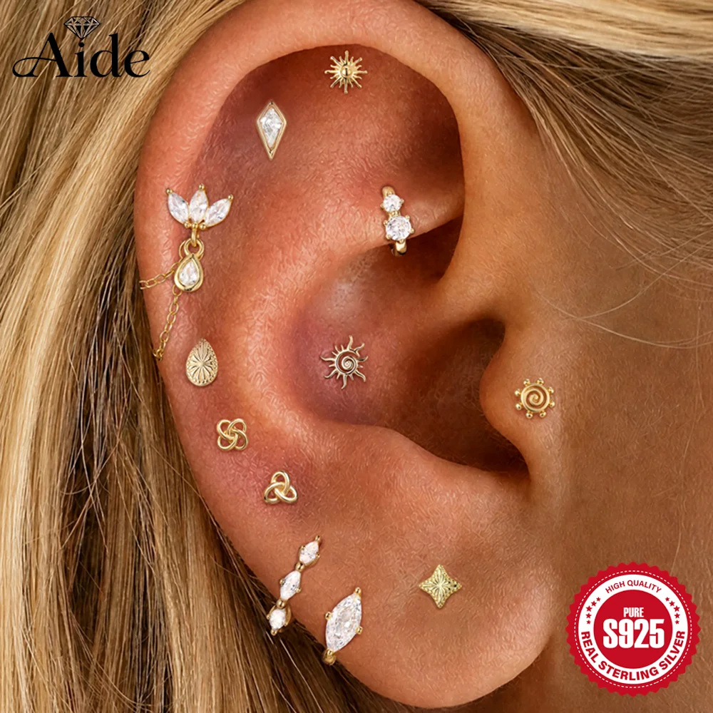 AIDE 925 Sterling Silver Woven Knot/Sunflower/Radiant Teardrop Sunburst Textured Women's Cartilage Helix Conch Tragus Piercing