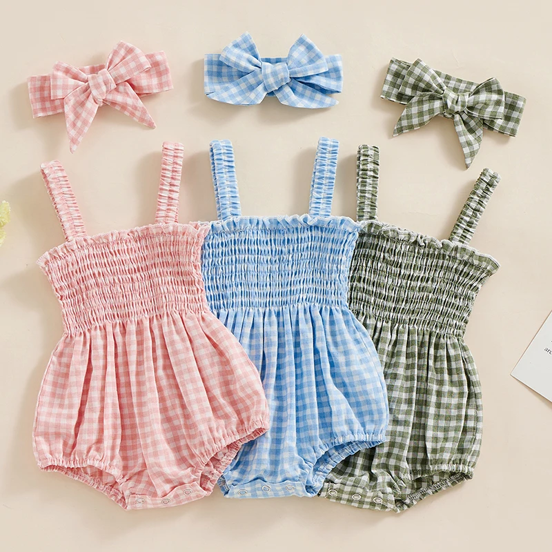 Casual Baby Girls Summer Plaid Bodysuits Sleeveless Frill Smocked Strap Romper with Headband Set Baby Jumpsuits Sunsuits Outfits