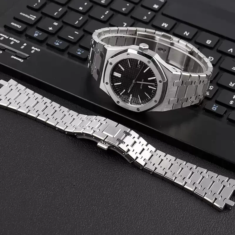 Correa de reloj de 21mm y 26mm para hombre y mujer, pulsera completa de acero inoxidable para AP ROYAL OAK 15400 26331 15500, correa de reloj con hebilla plegable
