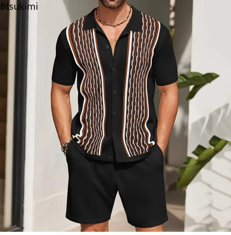 Sommer neue Eis Seide gestrickt Sets Herren lässig Jacquard kurz ärmel ige Polos hirt und Shorts zweiteilige Sets Männer Business Slim Anzug