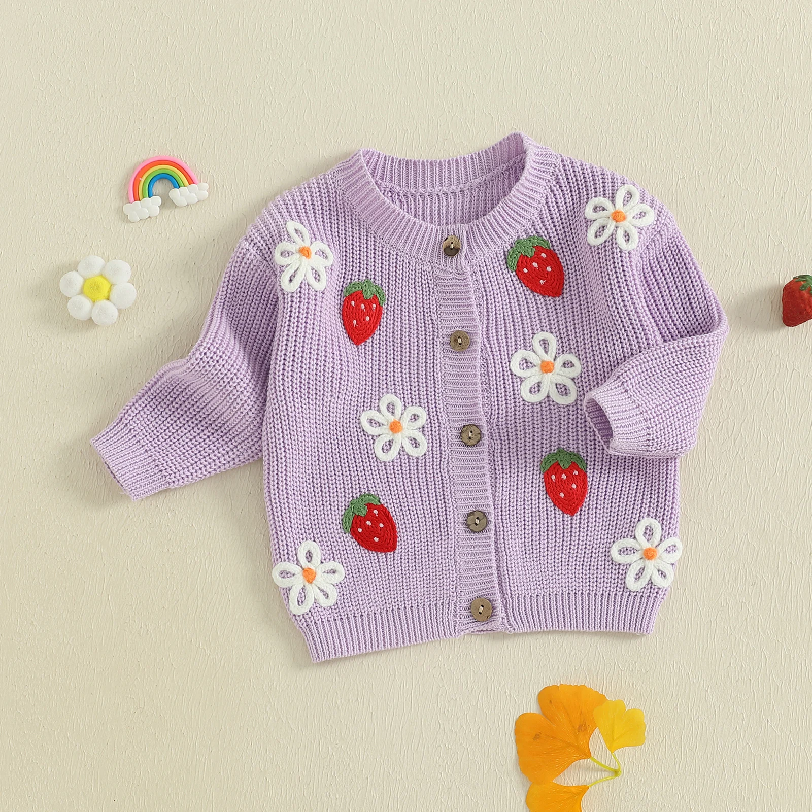

VISgogo 0-4 Years Kids Girls Sweater Long Sleeve Crew Neck Strawberry Flower Winter Warm Knit Cardigan Tops