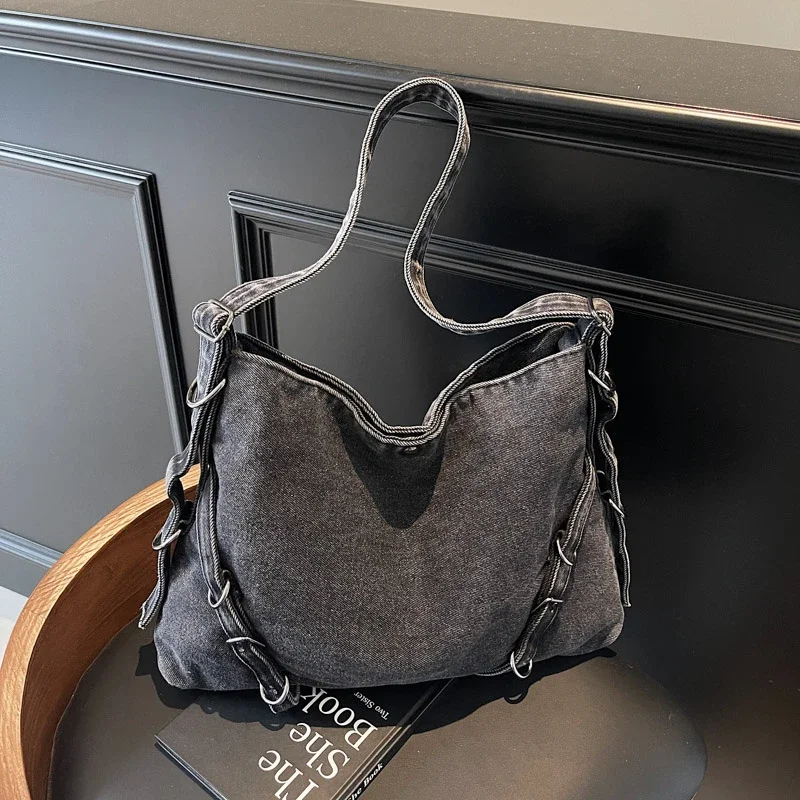 New Luxury Double Strap Buckle Design Fashion Washed Denim Canvas Women Travel Shoulder Bag Lady Handbag Crossbody Messenger Bag