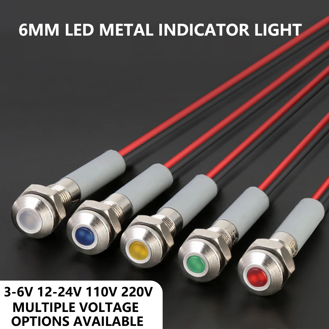 ABILKEEN 20PCS 6MM Mini LED Metal Indicator Light AC/DC 3~220V IP65 Waterproof Industrial Signal Pilot Light 150mm Wire Cable
