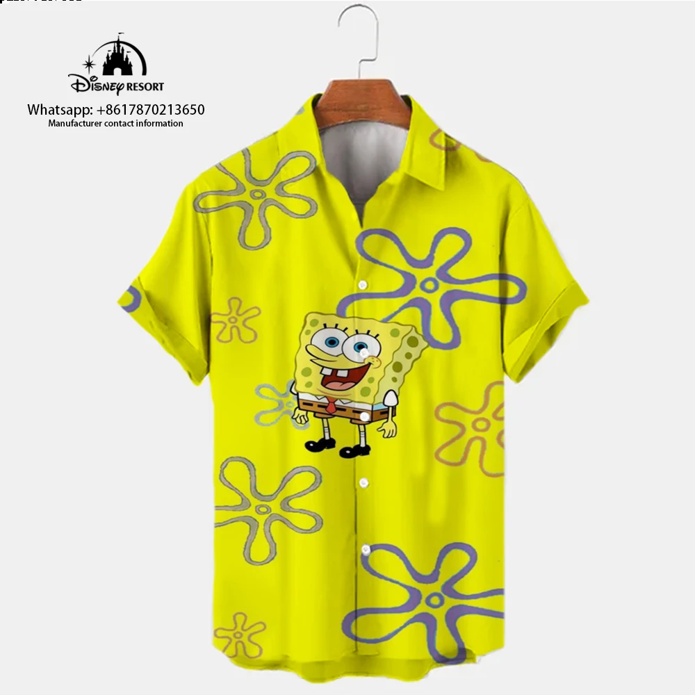 Fashion Harajuku Street SpongeBob SquarePants Anime New Summer Casual Shirt Trendy All-match Men's Lapel Short-sleeved Shirt