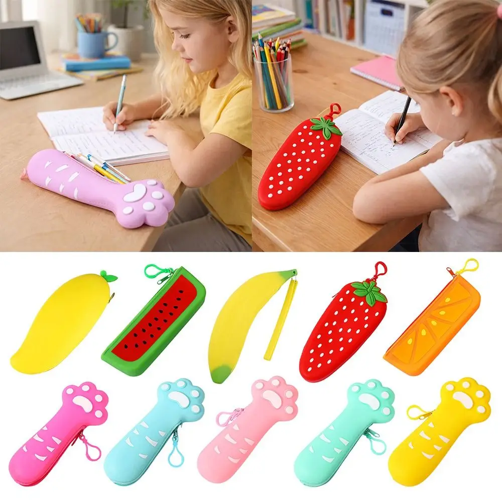 Multi-functional Silicone Pencil Case Cat Paw Design Large Capacity Pen Bag Simulated Fruit Stationery Organizer Students