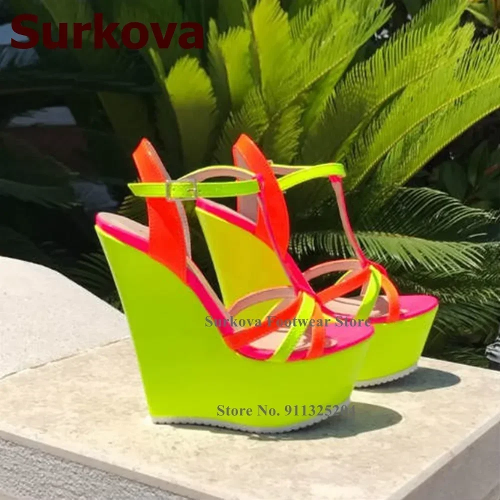 Surkova Sandalias de Tacón de Cuña Amarillo Neón, zapatos de boda de retales de charol naranja y rosa, foto Real, zapatos de tacón para banquete con barra en T, talla 46