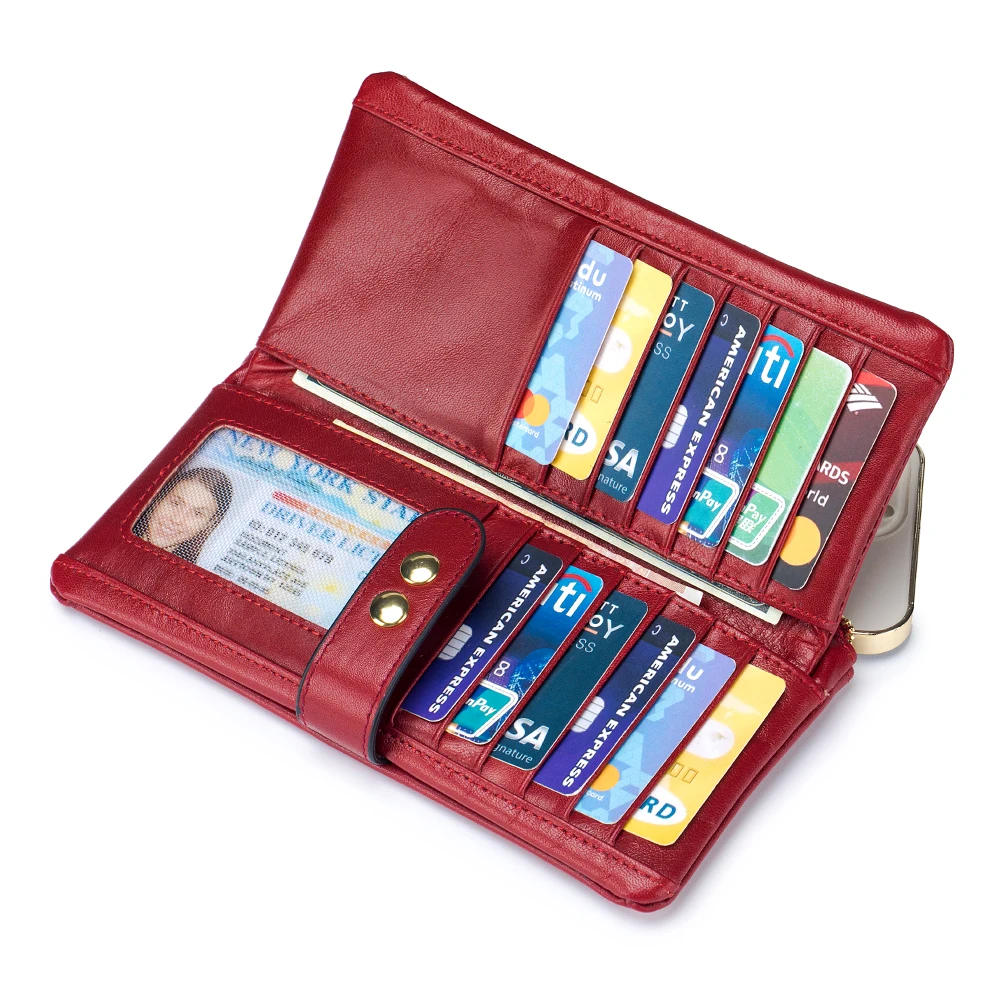 Vintage Oil Wax Leather Long Wallet Women's Genuine Leather Multi Card Card Bag Cowhide Multi Function Wallet Mobile Case