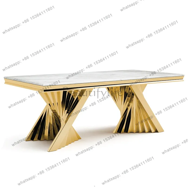 

Postmodern light luxury dining table household stainless steel rectangular marble simple villa dining table