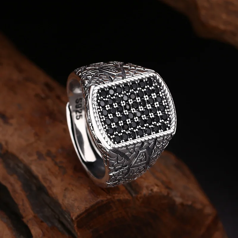 S925 Sterling Silver Black Zircon Adjustable Ring Punk Style Hip Old Process Free Size Crack Fine Jewelry FYRNG121