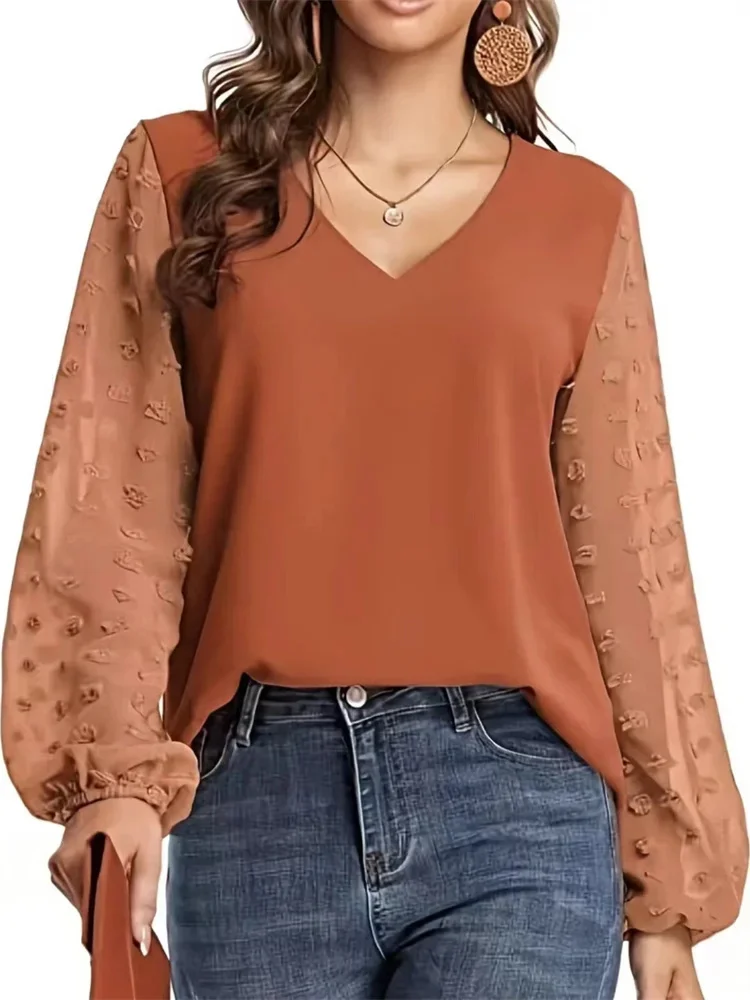 Women Spring Summer Style Blouses Shirts Lady Casual V-Neck Long Lantern Sleeve Solid color Blouse Tops