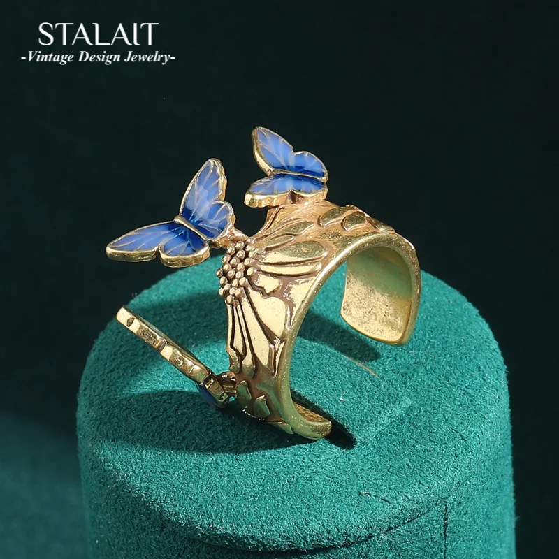 

Vintage Butterfly Jewelry Crown Rings Gold Color Blue Enamel Open Bohemia Luxury Quality Jewelry Designer 2025 New Trends