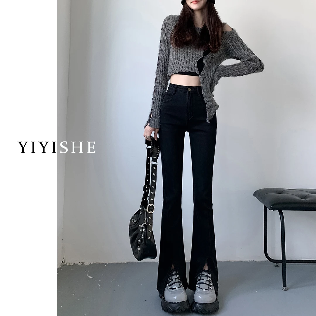 Jeans svasati a vita alta da donna Primavera Faion Nuovo elastico sottile dritto al pavimento Campana Bot Denim elasticizzato in cotone alla moda