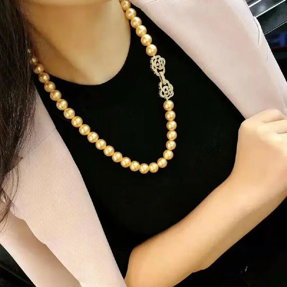 Amazing AAAA 10-11mm Natural Round South  Sea Gold Pearl Necklace 925S 16/36 inch