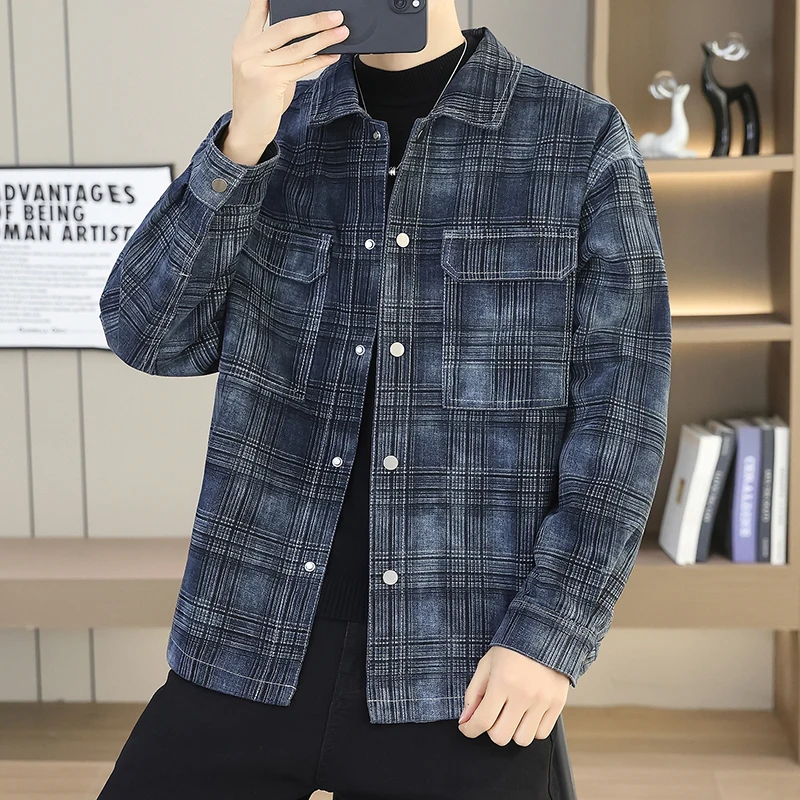 2026 Winter New Style Youth Single-Piece Buttoned Down Down-proof Thick Fashionable Casual Denim Check Jacket Coat