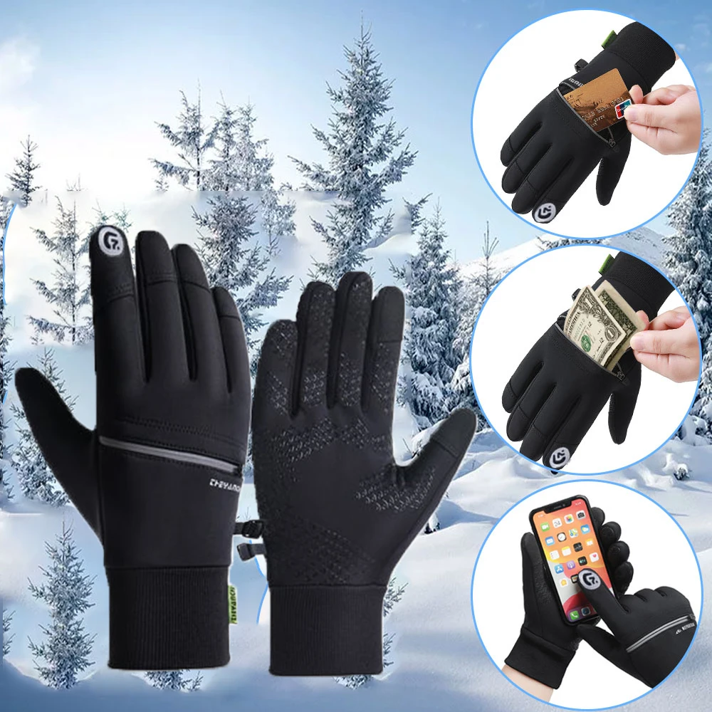 Winter Flip Finger Gloves with Zipper Pocket Touchscreen Anti-slip Windproof Thermal Fishing Cycling Gloves for Men Women