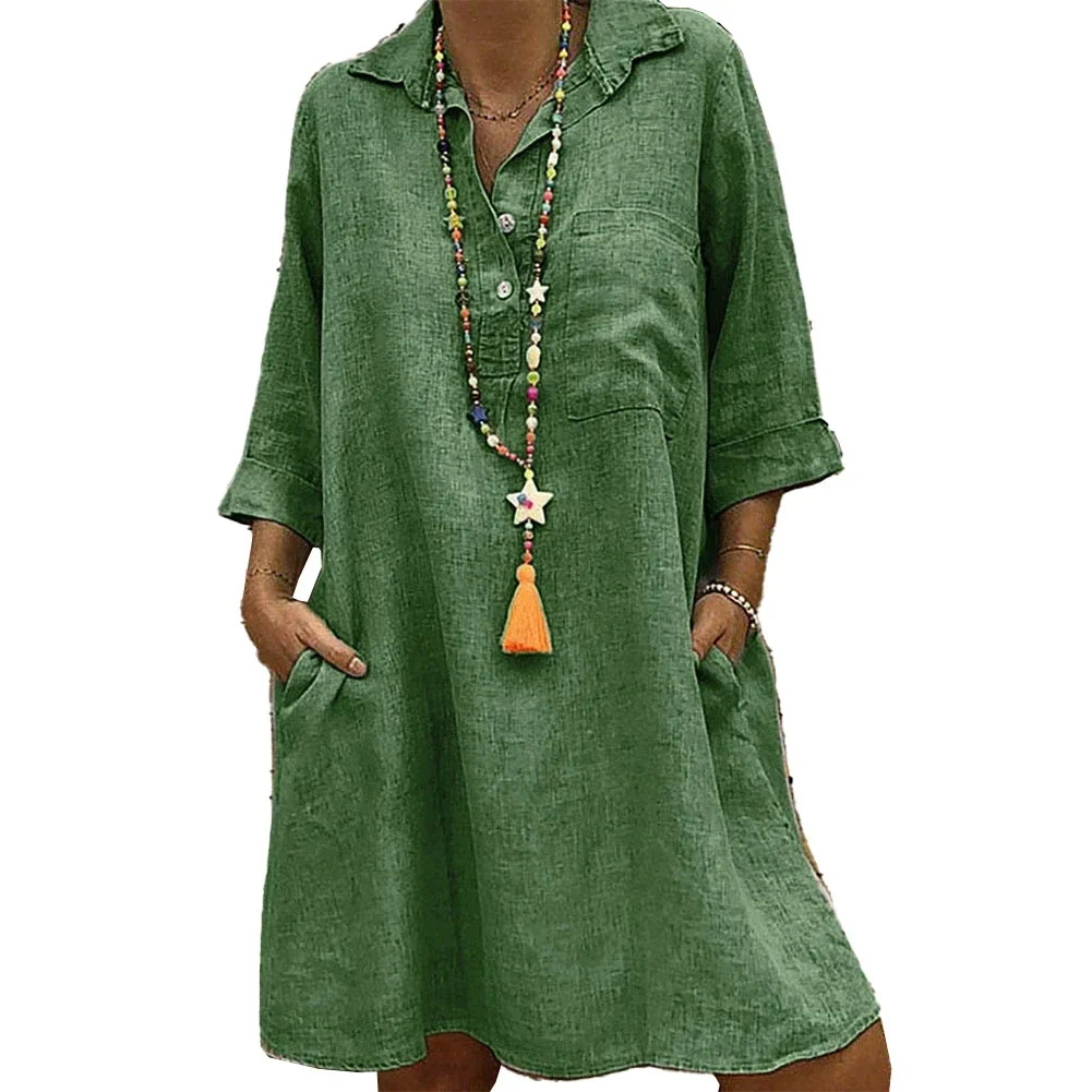Women's Cotton Linen 3/4 Sleeve Shirt Dress Plus Size Sundress Loose Plain Swing Dress In Khaki Green Grey And Black