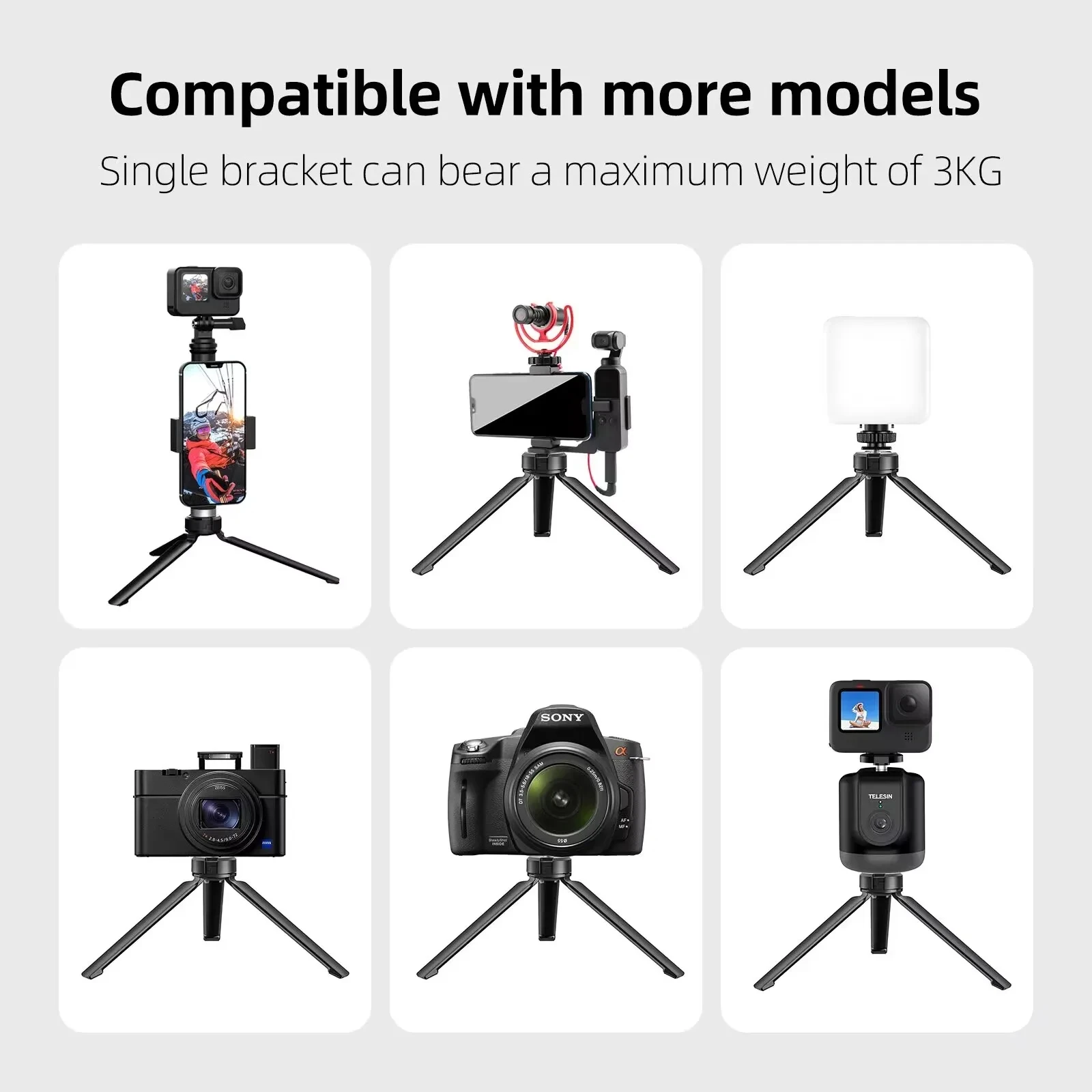 TELESIN Aluminum Alloy Collapsible Tripod with 1/4 Screw Hand Strap For GoPro Hero 13 12 11 10 Insta360 X3 DJI Action 4 5 Camera