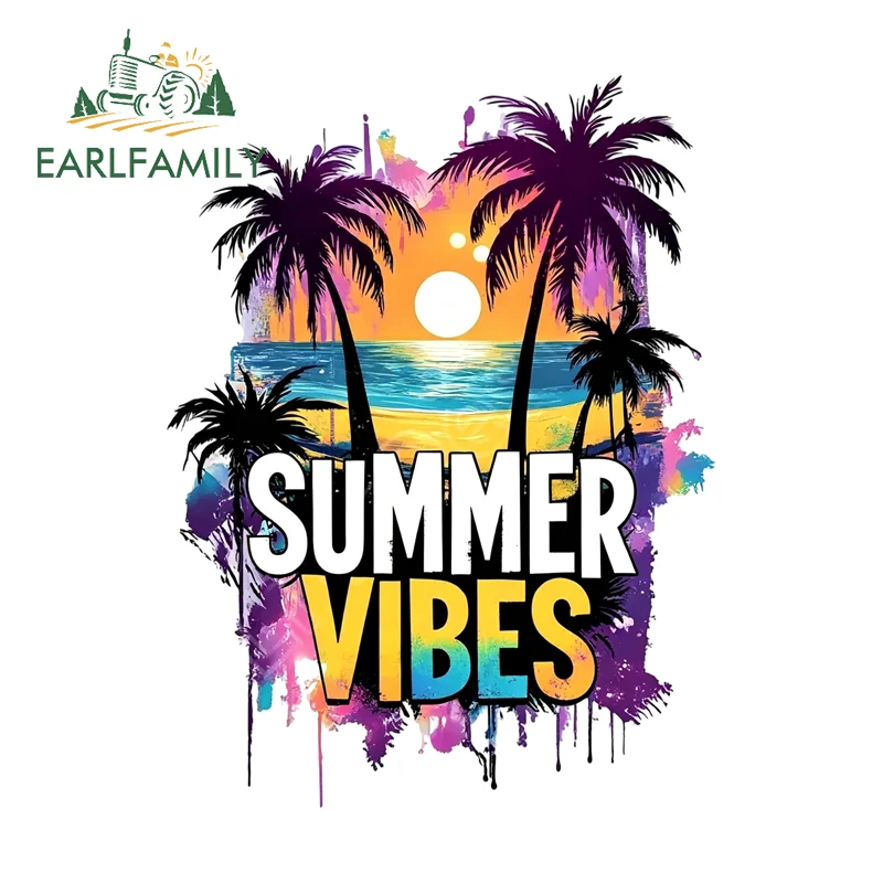 EARLFAMILY Summer Vibes Car Stickers Colorful Splash Palm Tree Sunset PVC Decal UV Resistant Vinyl Graphic Tailgate Window Trunk