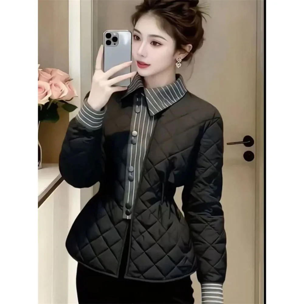 Women's Cotton Jacket Fashion Black Diamond Patterned Cotton Coat Winter New Waist Cinching Slim Temperament Fake Two-piece Tops