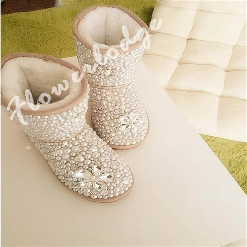 Handcrafted luxury pearl rhinogon accessories Fur one women's plus-size casual thickened Snow boots Plus-size 35-44