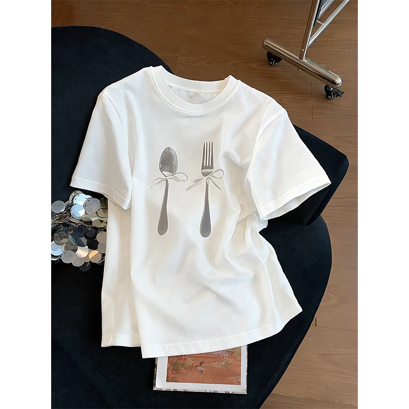 Interesting Print Short Sleeve T-shirt 2026 Summer New Korean Style White O-neck Tops for Men&Women Casual Versatile Tees