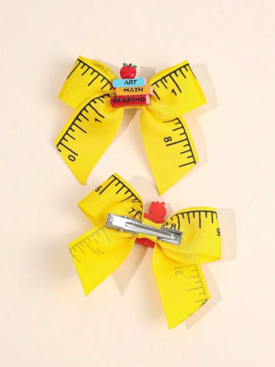 Yellow Ruler Print Bow Hair Clips Apple Book Art Math Reading Decor Back to School Teacher Kids Hair Barrettes