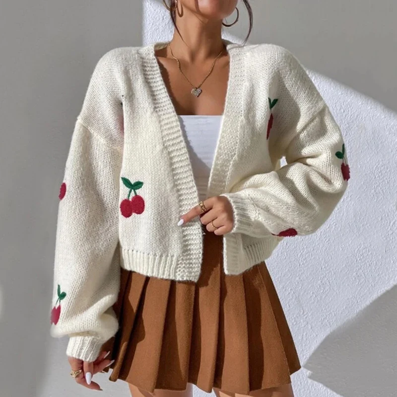 

Свитер с вышивкой Sweet Cherry, женский корейский укороченный кардиган с v-образным вырезом, женский 2021, свободный вязаный кардиган с длинными рукавами Mujer