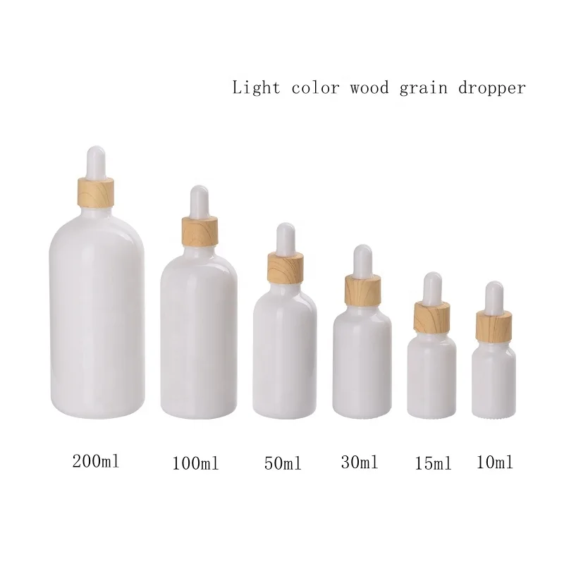 Wholesale Opal White Glass Essential Oil Serum Bottle with 18mm Dark Wood Grain Water Transfer Plastic Dropper 10/15/30/50/100ml