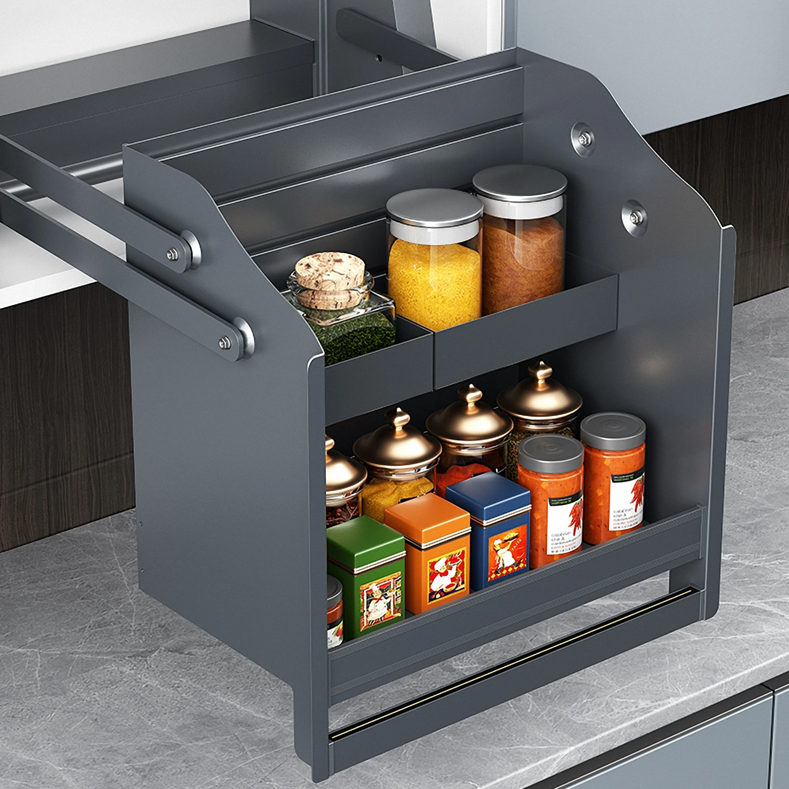 Smart Pull Down Shelf for Upper Cabinets- Touch Switch Spice Rack Lifting System, Pull Down Cabinet Organizer
