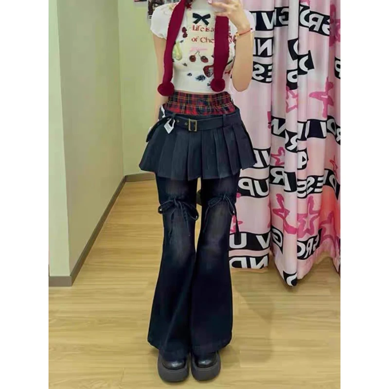 이바슈 가을 여성 데님 팬츠 슬림 플레어 진 페이크 투피스 벨 바텀 진 아비 Y2K 다크 아카데미아 스키니 사이버 펑크