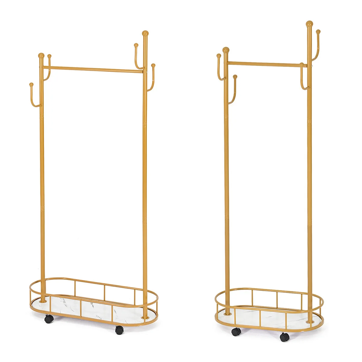 

2Pcs Standing Rolling Clothing Rack for Hanging Clothes Metal Garment Rack with Wheels, Shelves,4 Hooks for Home