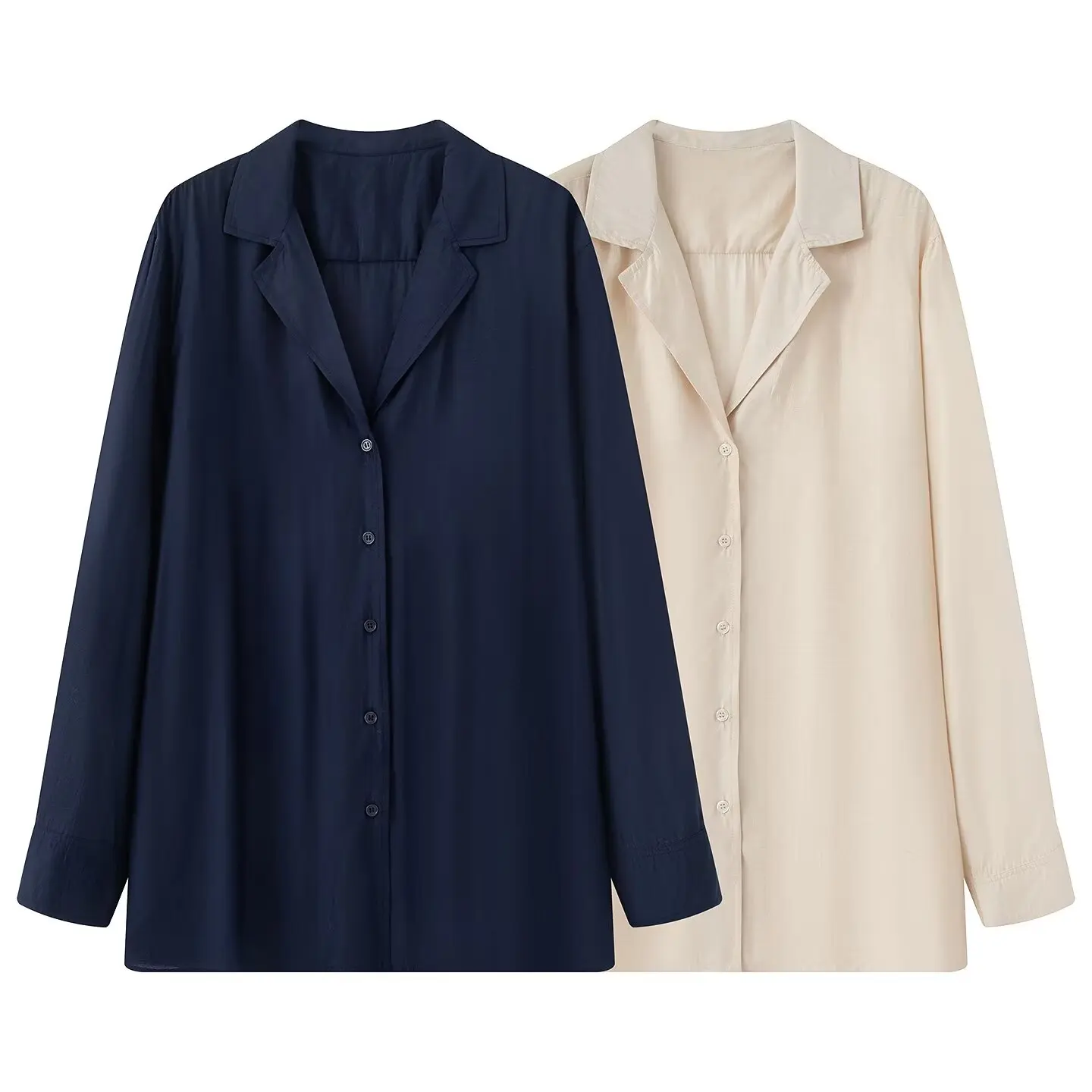 CHIC Autumn Women Lapel Collar Long Sleeve Shirt Single-Breasted Buttons Loose Blouses Casual Tops Navy Apricot