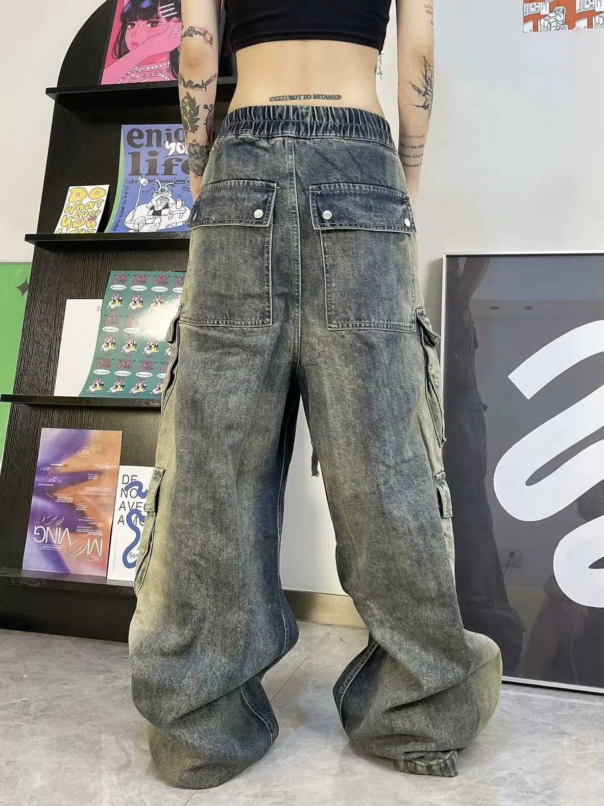 2024 baru Amerika hip-hop Vintage longgar jeans Harajuku wanita pinggang tinggi Y2K celana lebar kaki Gothic celana Streetwear