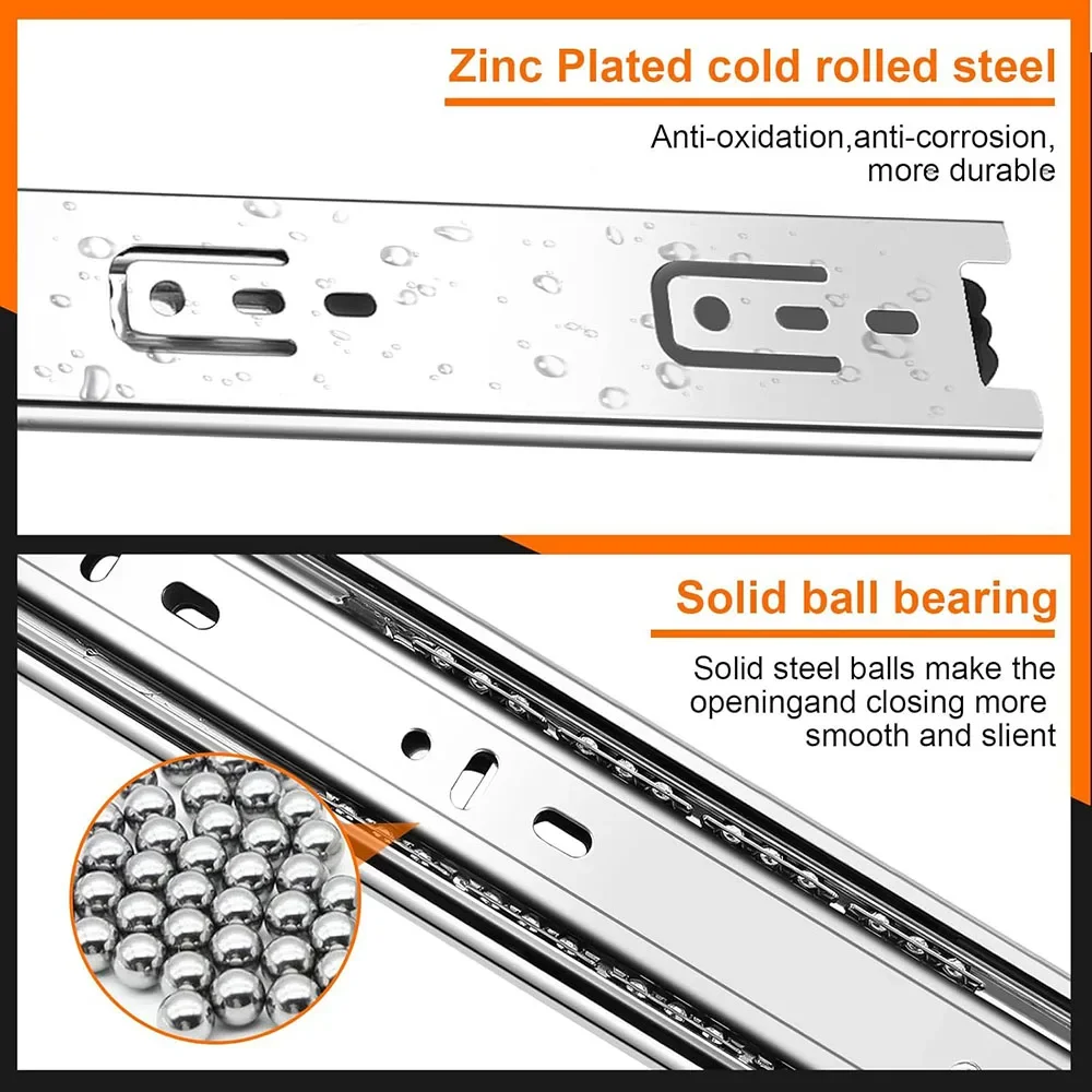 45mm Wide 3-section Thickened Drawer Slides Ball Bearing Rails For Cabinet & Furniture Cold Rolled Steel Load Capacity 45kg