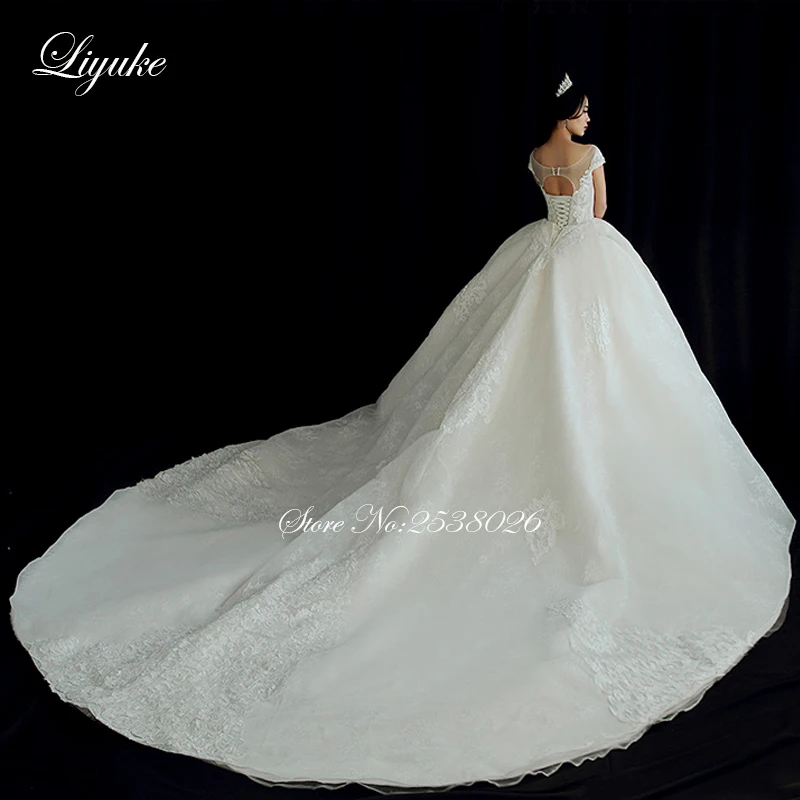 Liyuke Elegant Scoop คอบอลชุดแต่งงานชุดประดับด้วยลูกปัดเย็บปักถักร้อยลูกไม้สําหรับเจ้าสาวส่งภาพ Veil เป็นของขวัญ