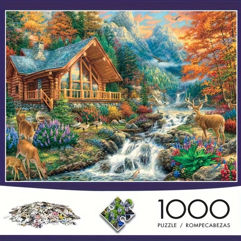 [1000 Stück lebendiges Puzzle] 1000 Stück lebendiges Tiermuster-Puzzle |   Waldszene mit Hirsch, Hütte und Wasserfall |   Ide
