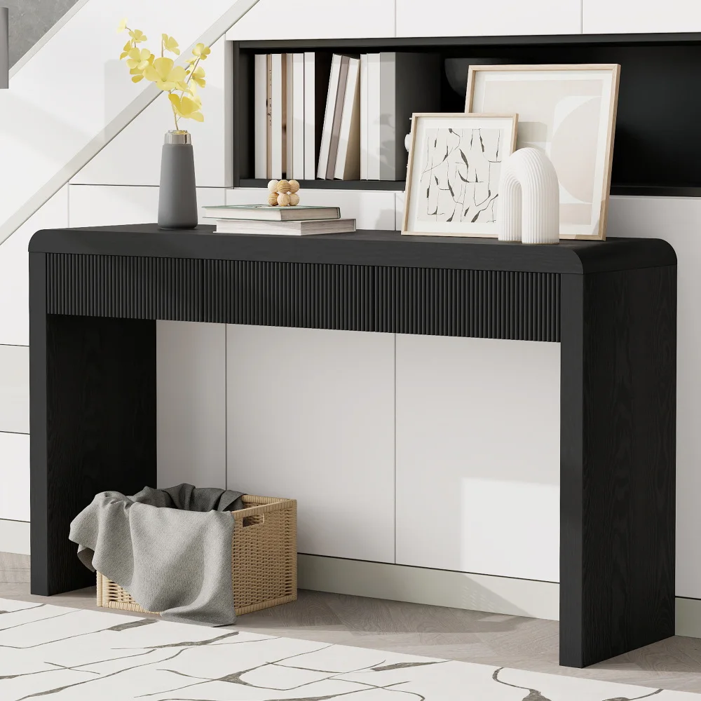 

TREXM Rustic Console Table 3 Fluted Drawers - Solid Wood Veneer for Entryway/Living/Hallway (Black)