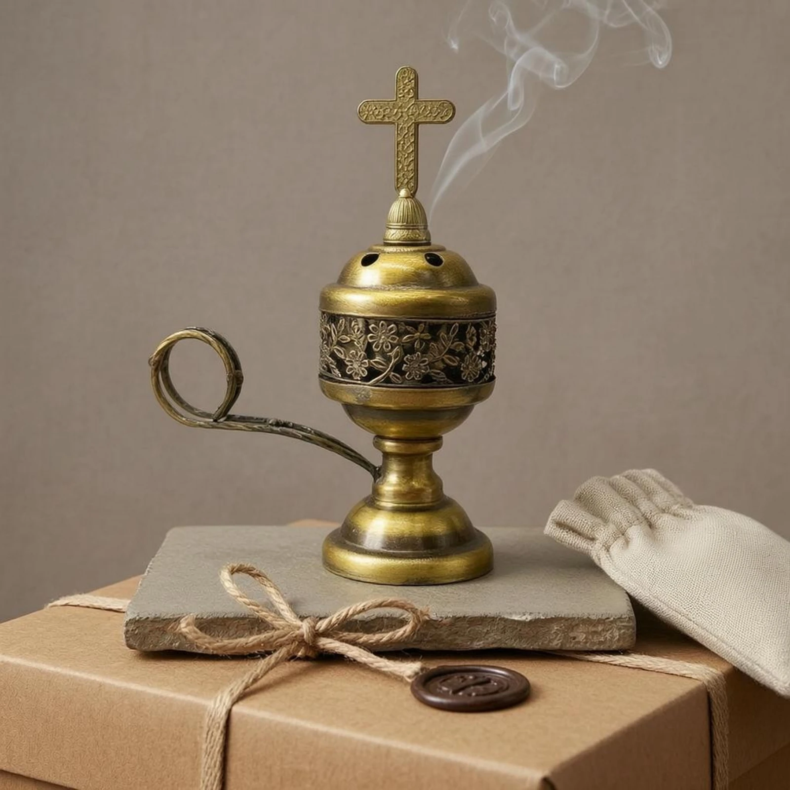 Metal Incense Burner Floral Lidded Incense Burner Home Decor Loop Handle Decorative for Indoor Use