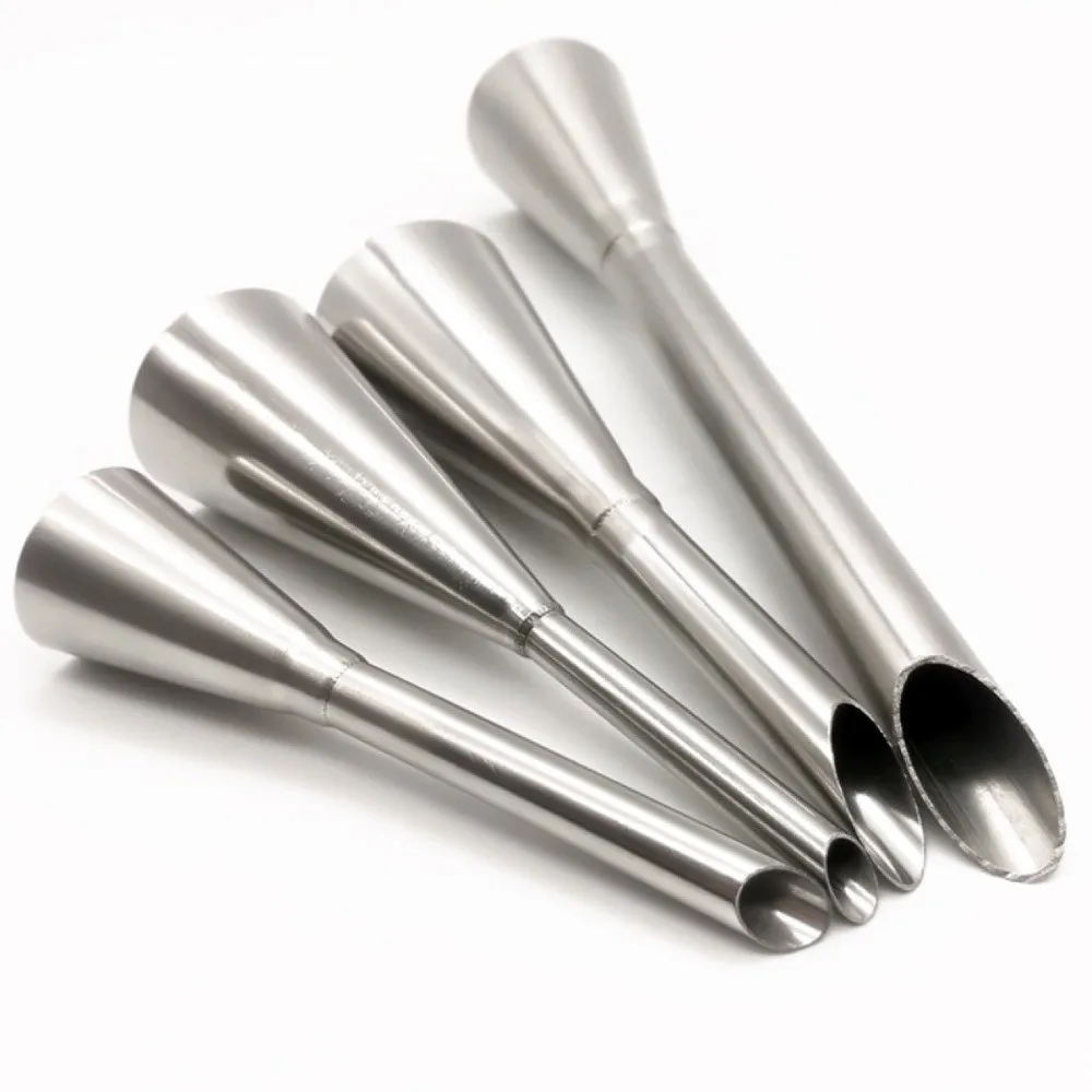 4PCS 304 Stainless Steel Cream Puff Piping Nozzle Long Nozzle Tip Pointed Tip Eclair Piping Tip Small Medium Large Sizes