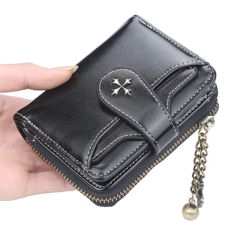 New Women Wallets And Purses PU Leather Money Bag Female Short Purse Small Coin Card Holders Women Wallet With Metal Chain