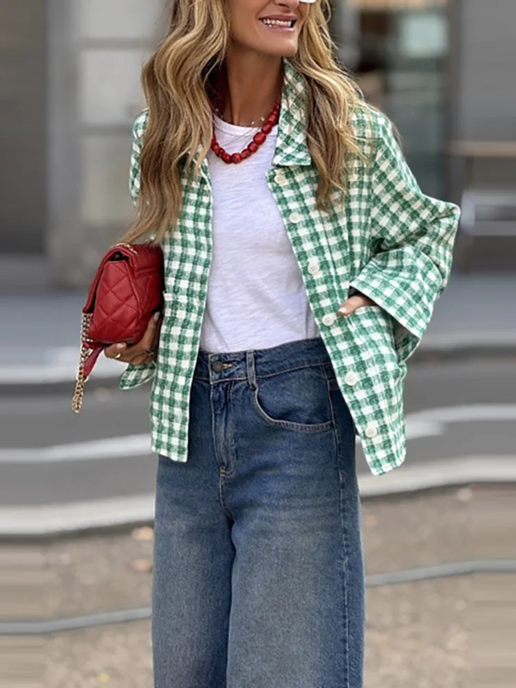 

Женский повседневный кардиган с длинным рукавом, осенняя мода, свободное короткое пальто с воротником с лацканами, зимняя элегантная куртка в клетку с принтом на пуговицах для поездок на работу