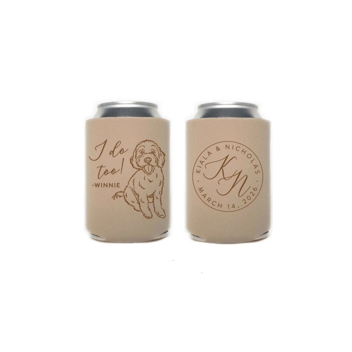 

Wedding Can Cooler #234R - Custom Pet Illustration - Monogram - Wedding Favors, Beverage Holder, Wedding Favor, Can Holder, Can